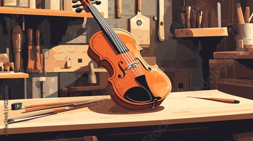 Beautiful Antique Violin on Workbench in Violin Maker Studio