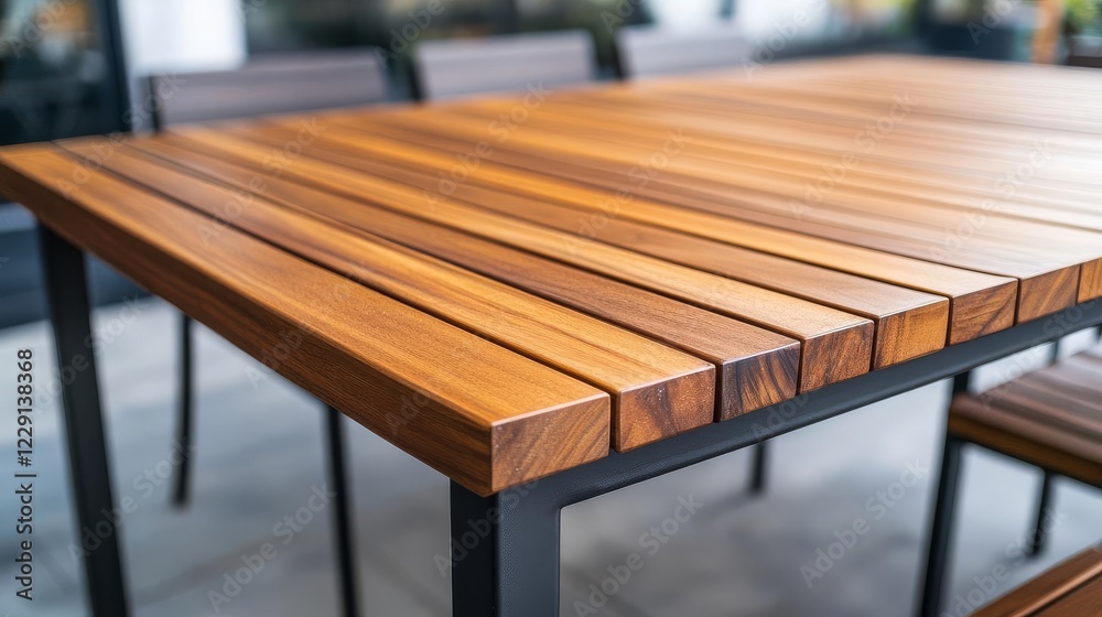 Fototapeta premium Polished wood outdoor dining table with slim edges and metal accents