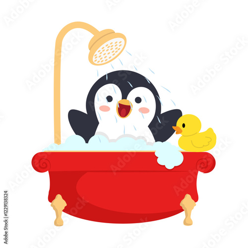Penguin bathing with foam animal