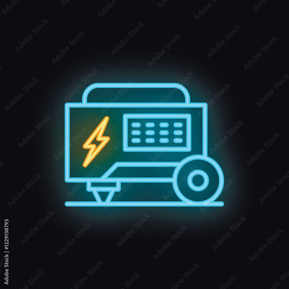 Blue and yellow neon icon of a portable generator supplying electricity