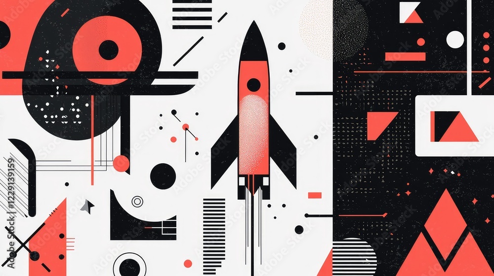 Obraz premium Modern Abstract Illustration with Rocket and Geometric Shapes Design