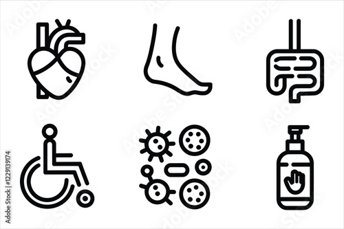 Medical and Healthcare Line Icons – Heart, Foot, Digestive System, Wheelchair, Bacteria, Hand Sanitizer