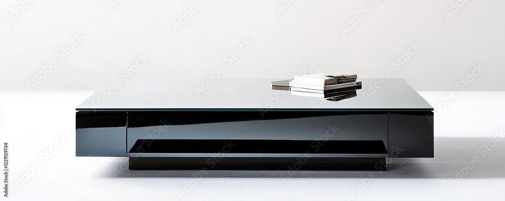 Sleek black steel coffee table with a polished glass top Sleek black steel coffee table with a polished glass top