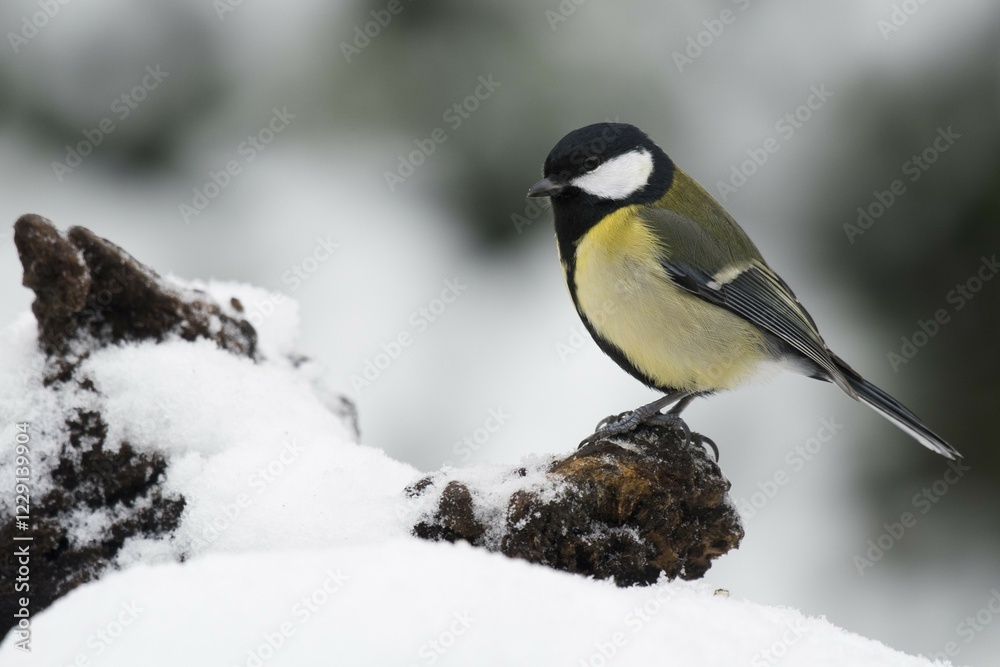 Fototapeta premium Great tit (Parus major) in the snow, Emsland, Lower Saxony, Germany, Europe