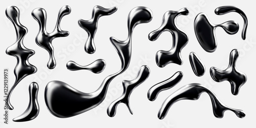 3D black glossy reflective chrome liquid shapes vector set, molten drops, blob splash, melting metal, volume alloy blot