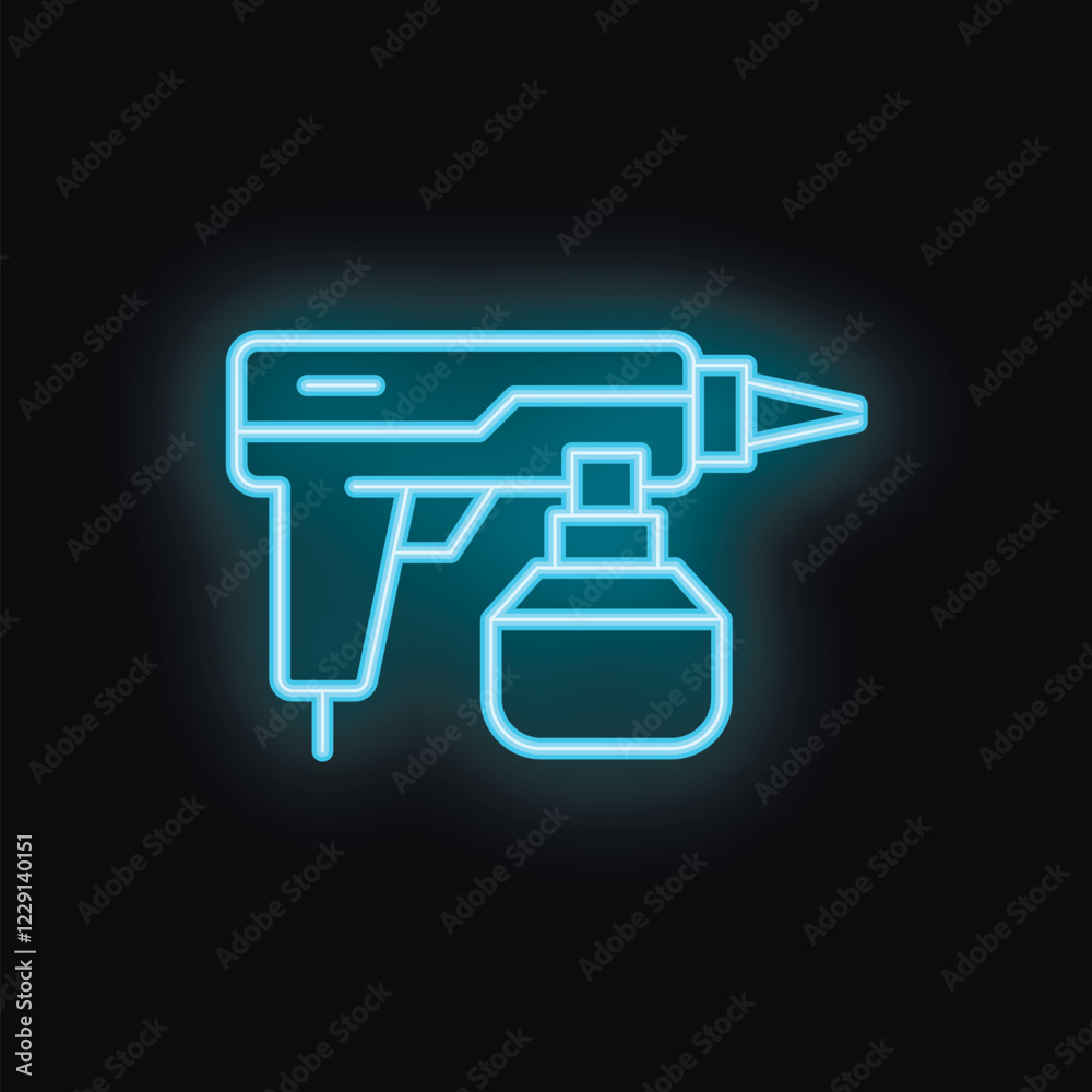 Blue glowing neon icon of electric paint spray gun with paint tank on black background Blue glowing neon icon of electric paint spray gun with paint tank on black background