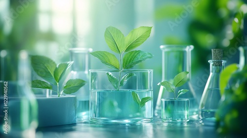 Fresh green plant leaves sprouting from clear glass beakers, surrounded by laboratory glassware, symbolizing vibrant botanical research in a serene environment.