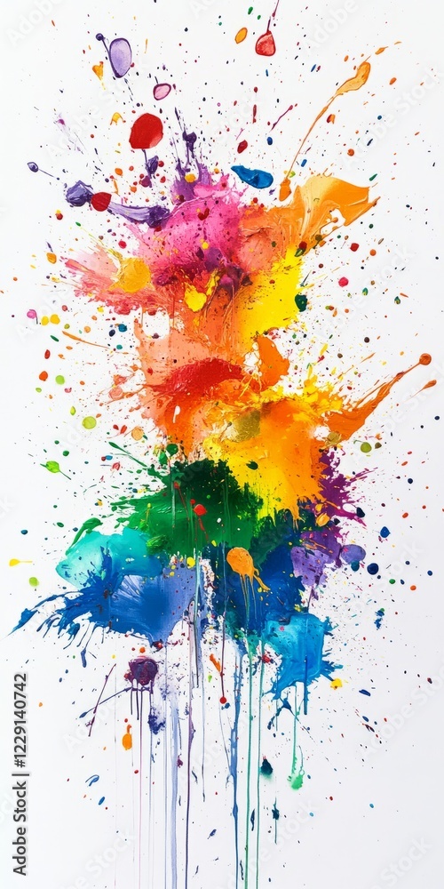 Fototapeta premium Colorful abstract paint splatter art showcasing dynamic splashes of vibrant hues on a white canvas.