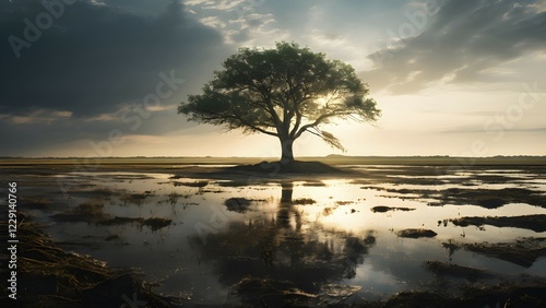 Lonet ree exemplifies resilience surrounded by a vast expanse of a flooded field, AI generated