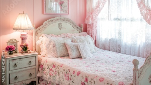 Romantic shabby chic bedroom with floral bedding, pink walls, and lace curtains.