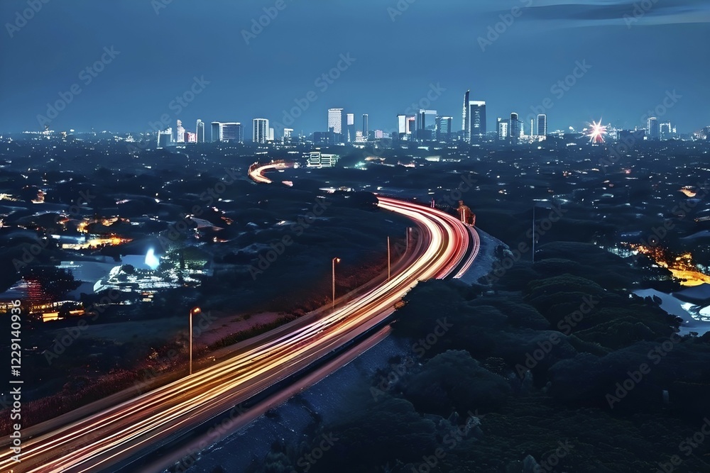 Fototapeta premium Aerial view capturing the sprawling network of streets and vehicles in a mega city at night, AI generated