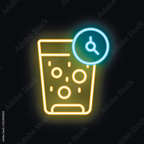 Neon sign illustrating a glass filled with a carbonated beverage, accompanied by a timer symbol, suggesting a time limit or deadline