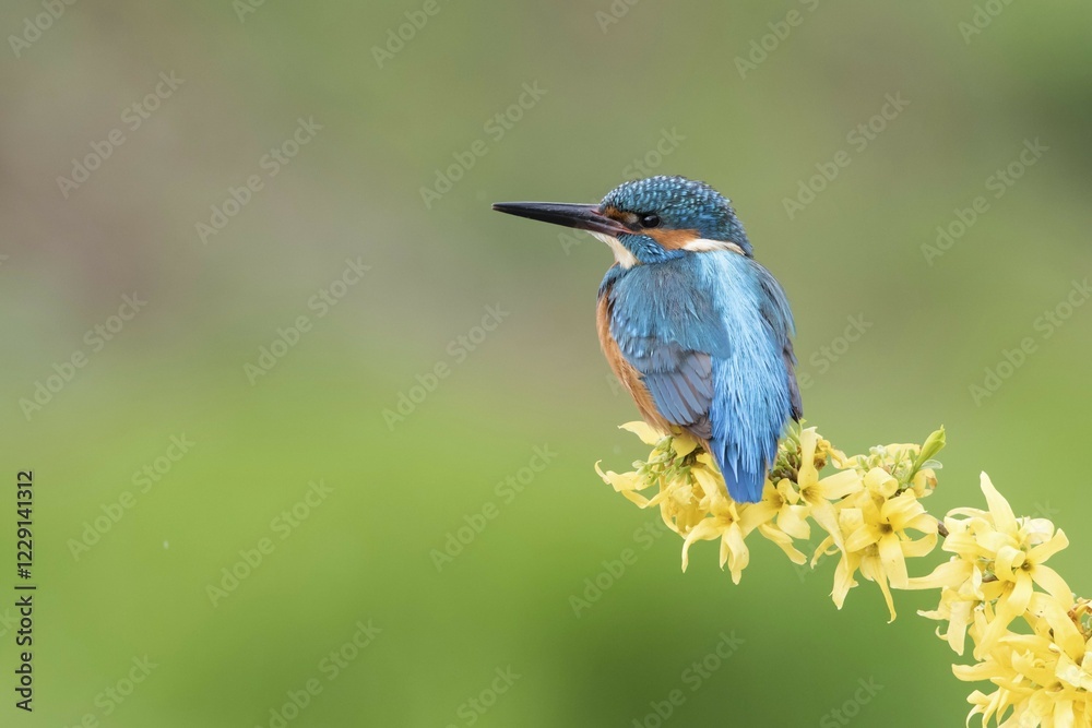Kingfisher (Alcedo atthis) on forsythia branch, Hesse, Germany, Europe Kingfisher (Alcedo atthis) on forsythia branch, Hesse, Germany, Europe