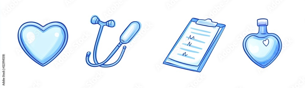 A large set of icons representing health, with various elements such as female characters and medical symbols A large set of icons representing health, with various elements such as female characters and medical symbols