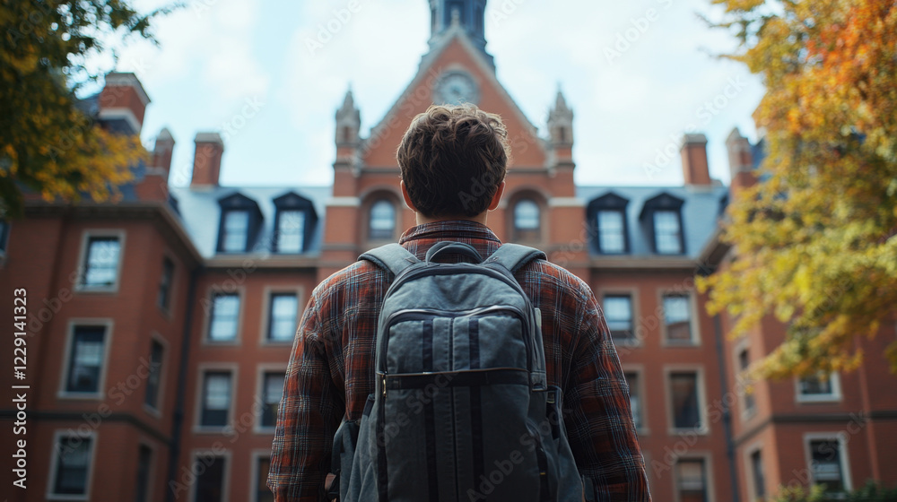 young man with backpack stands in front of historic university building, gazing up at its architecture. scene evokes sense of curiosity and ambition young man with backpack stands in front of historic university building, gazing up at its architecture. scene evokes sense of curiosity and ambition