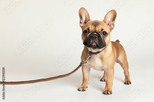 A small brown dog stands patiently on its leash, awaiting further instructions