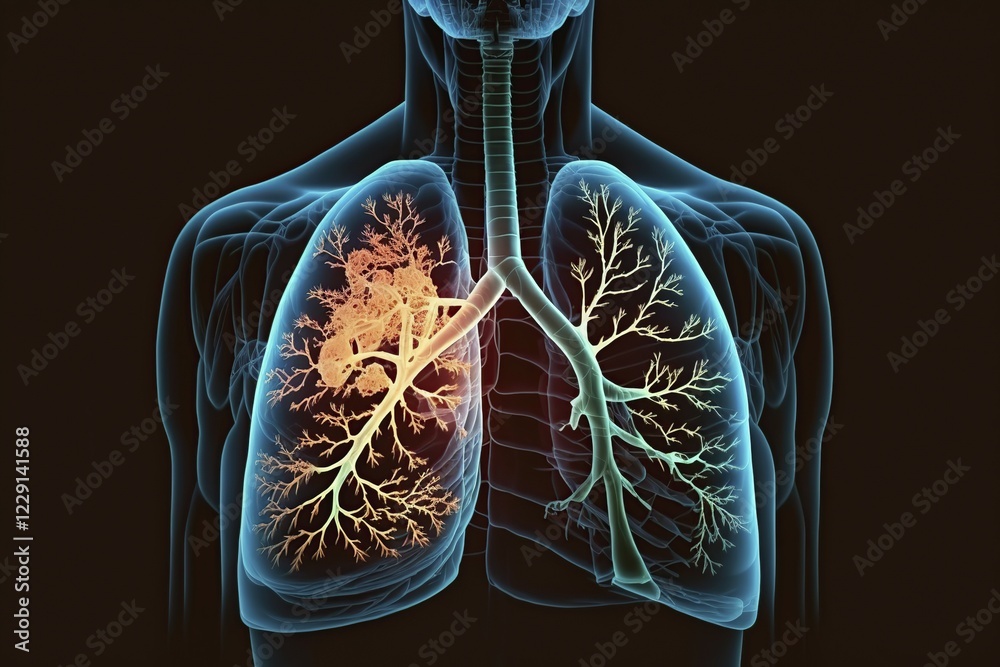 Schematic representation of a lung with bronchi and bronchioles as well as expression of a metastatic lung carcinoma (bronchial carcinoma) (lung cancer), AI generated