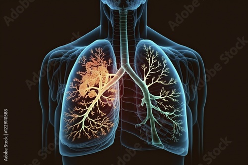 Obraz na płótnie Schematic representation of a lung with bronchi and bronchioles as well as expression of a metastatic lung carcinoma (bronchial carcinoma) (lung cancer), AI generated w salonie