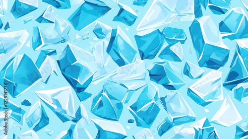 Blue Ice Cubes and Crystal Pieces on Light Blue Background