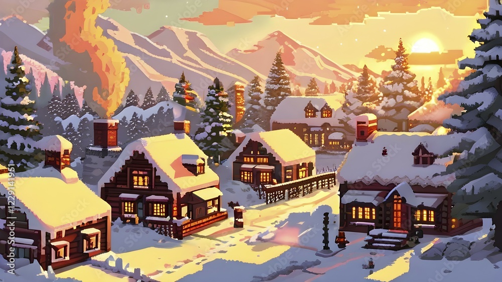 Fototapeta premium Pixel art village in the throes of snowy winter in warm golden light, AI generated