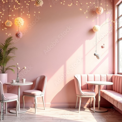 Professional photo mock up of a cozy cafe interior with vintage furniture a lot of decorative elements. Fairy magic atmosphere in a pink colors