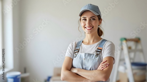 Smiling Painter in a Brightly Lit Room with Equipment (Industry)