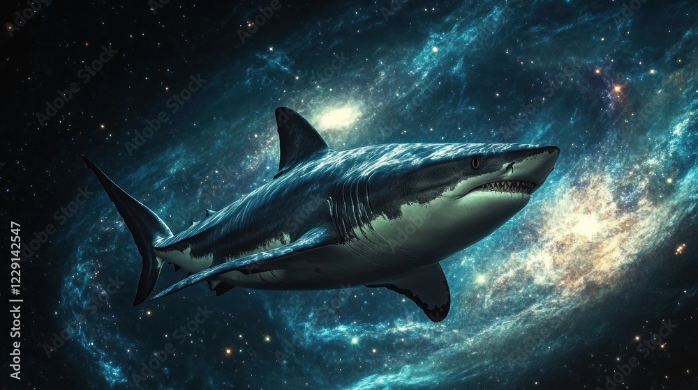 Fototapeta premium Great white shark in space, nebula background.