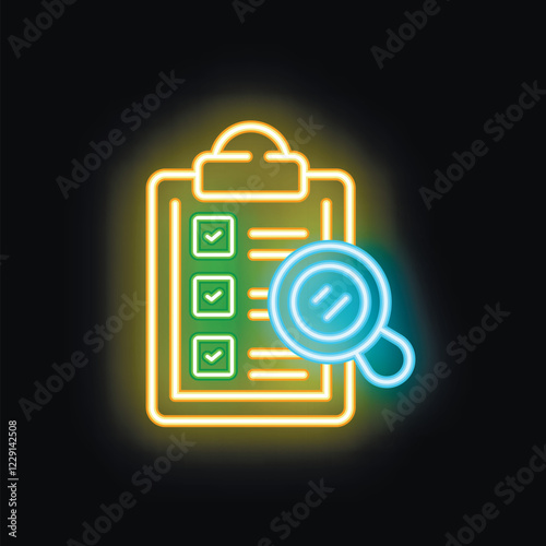 Glowing neon icon of a magnifying glass analyzing a checklist on a clipboard, representing concepts like quality control and auditing