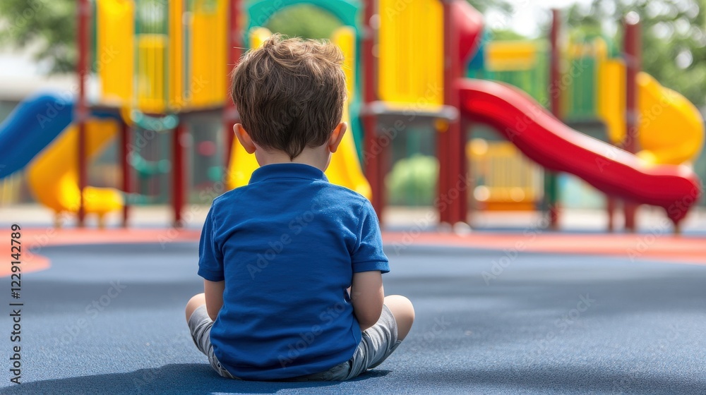 A sad Little boy sitting alone at colorful playground A sad Little boy sitting alone at colorful playground