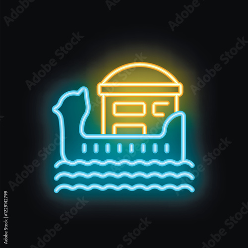 Glowing neon sign depicting noah's ark carrying a small house while floating on water