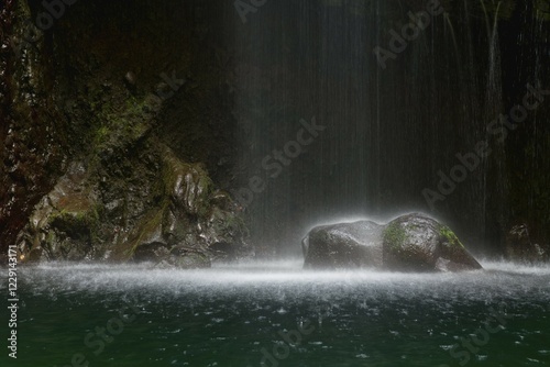 Waterfall, green basin Caldeirão Verde, hiking trail PR 9 Caldeirao Verde, Queimadas rainforest, Madeira, Portugal, Europe photo