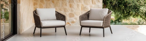 Slim-profile lounge chairs with sculptural rope backs