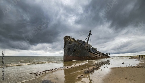 An abandoned shipwreck lies on the beach, surrounded by cool ocean waves under a cloudy sky, symbol photo, AI generated, AI generated