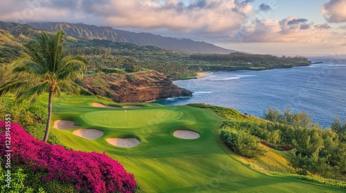 Scenic Ocean View Golf Course with Lush Greenery and Flowering Plants