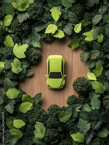 Top view of green electric car between polluting fossil combustion vehicles. Wooden cut out of single pollution free electric car. Eco friendly, clear ecology driving, no pollution and emission free. photo