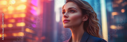 Empowered woman gazing at city skyline during sunset, reflecting ambition and confidence. vibrant colors create hopeful atmosphere