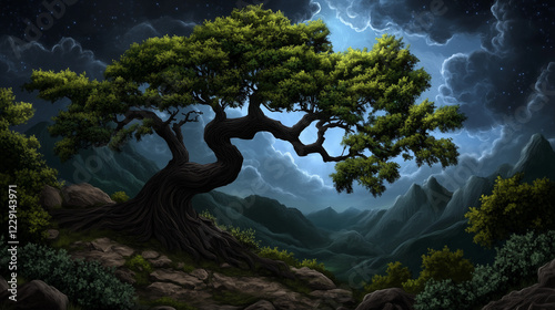 The Onyxbeam Tree: Majestic Black-Barked Giant of Big Timber Forest