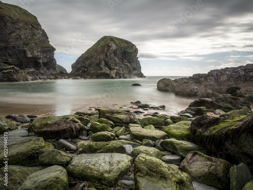 Bedruthan Steps, rugged bay on the west coast of Cornwall, Great Britain photo