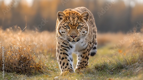 Amur leopard walks on the grass. endangered animals