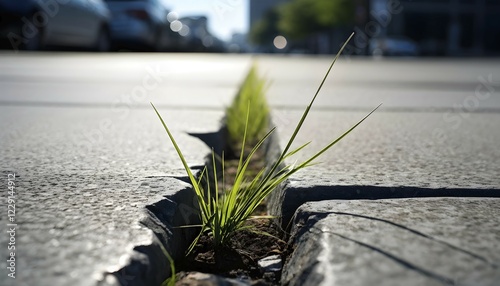 A single blade of grass pushing through a crack in a concrete sidewalk, representing the simplicity and resilience of nature in an urban setting, AI generated photo