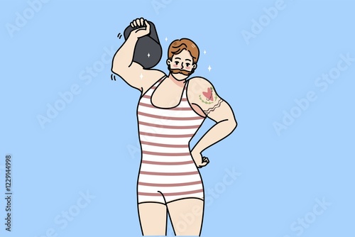 Male circus powerlifter with tattoo wear tricot lift dumbbell show power. Strongman or weightlifter perform stunt with barbell. Powerlifting performance, sport concept. illustration photo