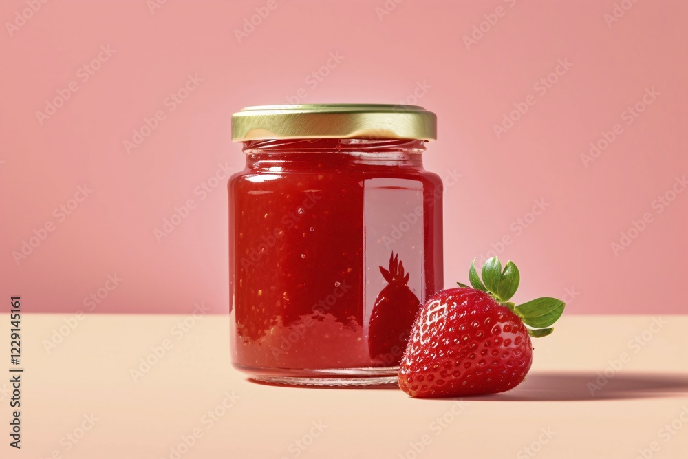 Jar of strawberry fruit marmelade or jam on pink background. KI generiert, generiert, AI generated Jar of strawberry fruit marmelade or jam on pink background. KI generiert, generiert, AI generated
