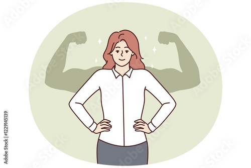 Successful businesswoman stands with hands on waist imagining giant muscular arms behind back. Businesswoman feels strength and leadership skills after gaining new knowledge or training for management