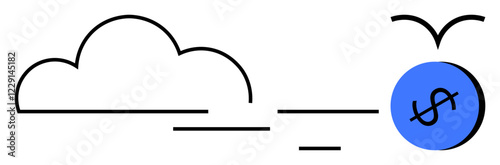 A simple black cloud next to a flying blue circle with a dollar sign represents cloud-based financial growth. Ideal for themes of finance, technology, innovation, growth, efficiency, prosperity
