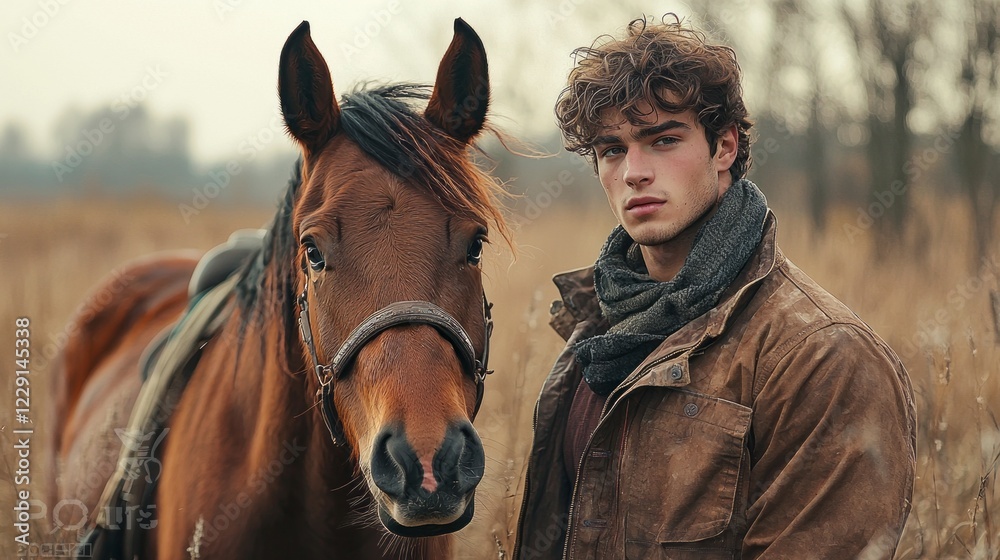 Obraz premium A young man exudes confidence as he stands next to a chestnut horse in a sunlit field. The golden grass sways gently in the breeze, creating a serene atmosphere filled with tranquility