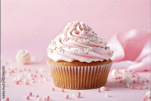 Cupcake with frosting creamy swirls in pastel pink against pastel pink background, AI generated photo