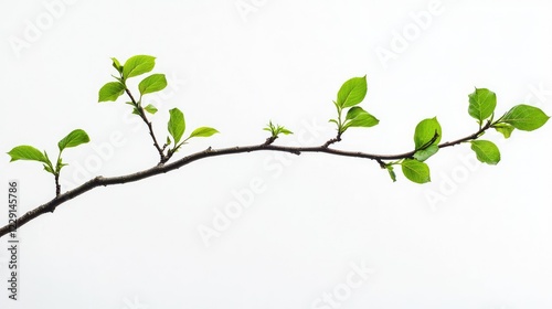 Fresh Green Leaves on a Branch with White Background