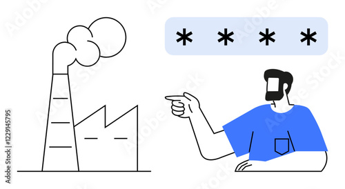 Factory emits smoke with man pointing, contemplating action. Ideal for environmental issues, pollution, awareness, solutions, corporate responsibility, social media education. Modern abstract line