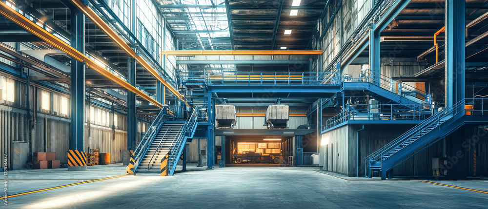 Fototapeta premium Expansive industrial building featuring blue metal structures and steel stairs with open garage entrances for waste transport