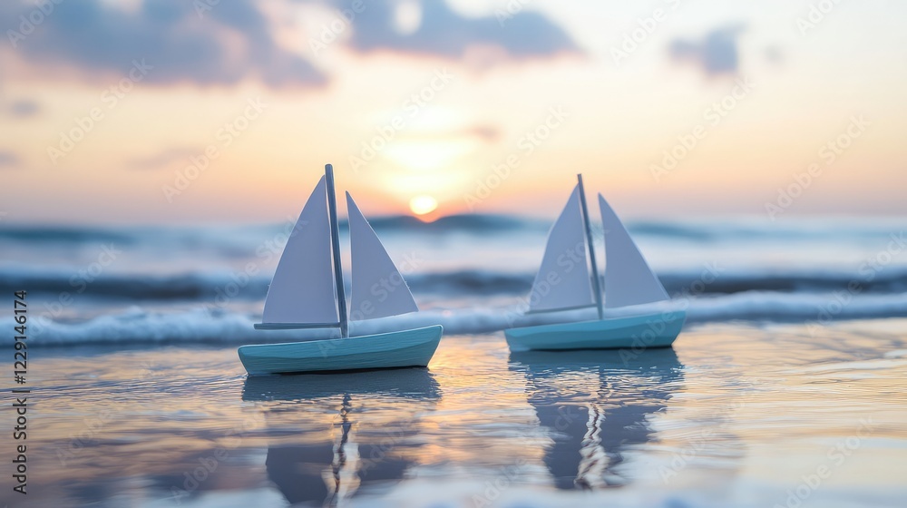 Obraz premium Sunset Reflection of Model Boats on Calm Beach Water Surface